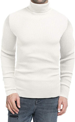 TEE TREE Self Design Turtle Neck Casual Men White Sweater
