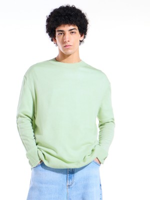 BEWAKOOF Solid Round Neck Casual Men Green Sweater