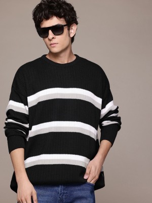 Roadster Striped Round Neck Casual Women Black Sweater