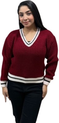 SAK Self Design V Neck Casual Women Maroon Sweater