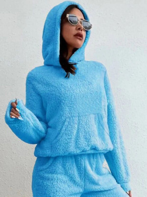 THE DRY STATE Solid Hooded Neck Casual Women Blue Sweater