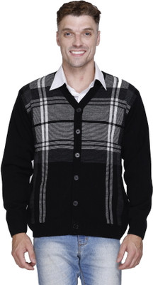 aarbee Geometric Print V Neck Casual Men Black Sweater