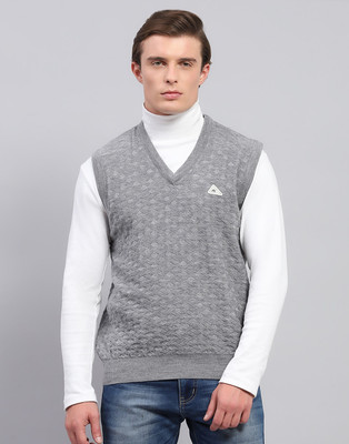 MONTE CARLO Self Design V Neck Casual Men Grey Sweater