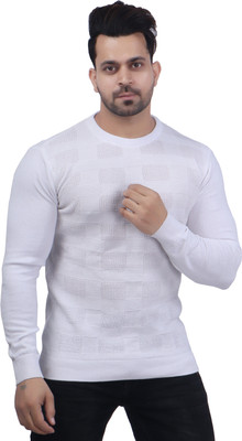 FEVERFEW Self Design Round Neck Casual Men White Sweater