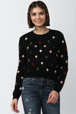 FOREVER 21 Printed Round Neck Casual Women Black Sweater