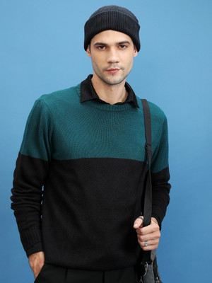 HIGHLANDER Colorblock Round Neck Casual Men Black, Green Sweater