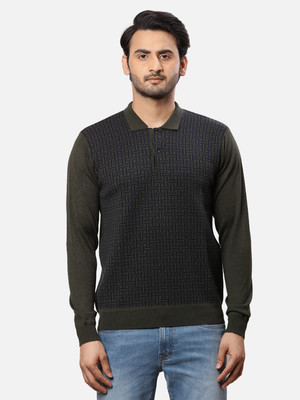 Raymond Self Design Collared Neck Casual Men Dark Green Sweater