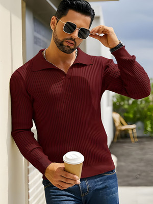 TYSORT Solid Collared Neck Casual Men Maroon Sweater