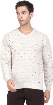 t-base Self Design V Neck Casual Men White Sweater