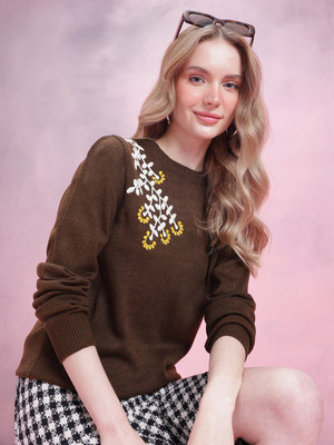 Dressberry Embroidered Round Neck Casual Women Brown Sweater