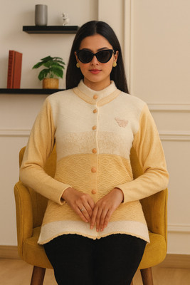 dutchdream Self Design Round Neck Lounge Wear Women Yellow, White Sweater