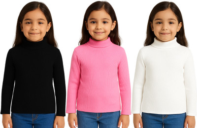 Chiclift Solid High Neck Casual Baby Girls Black, Pink, White Sweater