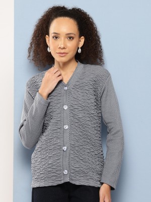 Roadster Solid V Neck Casual Women Grey Sweater