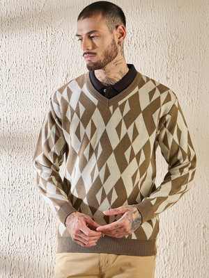 Pivl Self Design V Neck Casual Men Brown Sweater
