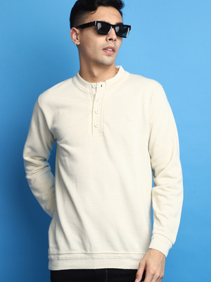 V-MART Solid High Neck Casual Men White, White Sweater
