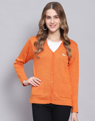 MONTE CARLO Solid V Neck Casual Women Orange Sweater