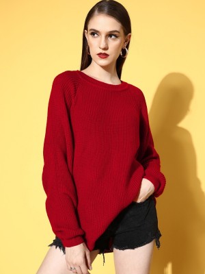 Berrylush Self Design Round Neck Casual Women Red Sweater