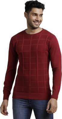 TURTLE Striped Round Neck Casual Men Red Sweater