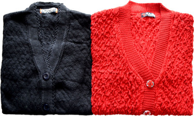 Shunit creation Self Design V Neck Lounge Wear Women Black, Red Sweater