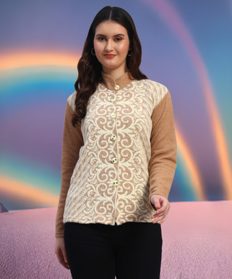 QUIN FLETCHER Printed Mandarin Neck Casual Women Beige Sweater