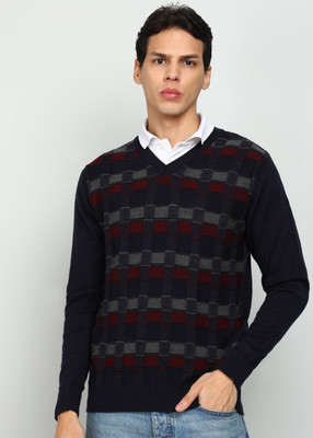 Raymond Self Design V Neck Casual Men Multicolor, Black Sweater