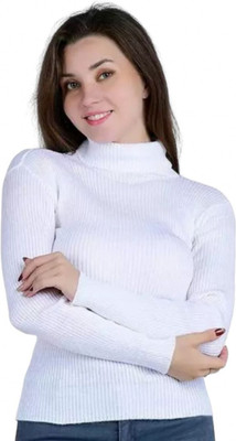 Farlucci Solid High Neck Casual Women White Sweater