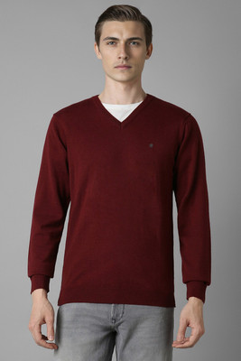 LOUIS PHILIPPE Solid V Neck Casual Men Maroon Sweater