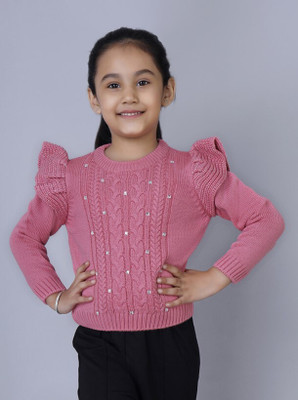Joe Hazel Self Design Round Neck Casual Girls Pink Sweater