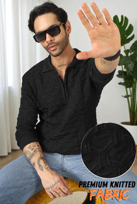 VERTICALS Self Design Collared Neck Party Men Black Sweater