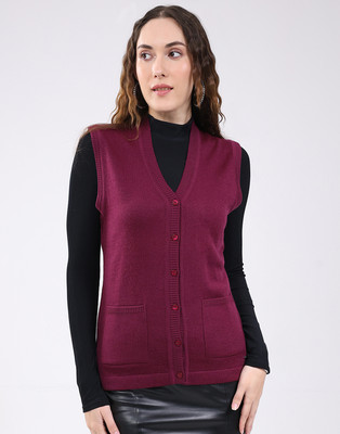 MONTE CARLO Solid V Neck Casual Women Maroon Sweater