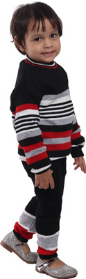 HouseOfCommon Striped Round Neck Casual Baby Boys & Baby Girls Black Sweater