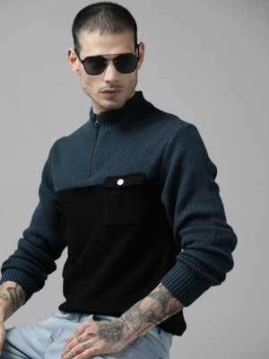 Roadster Colorblock Round Neck Casual Men Blue Sweater