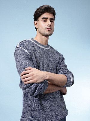 Glitchez Solid Round Neck Casual Men Blue Sweater