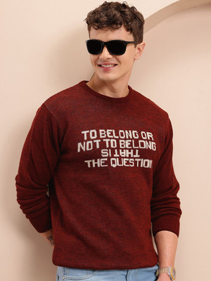 Mast & Harbour Self Design Round Neck Casual Men Maroon Sweater