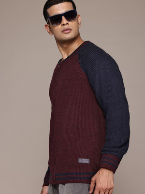 Roadster Self Design Round Neck Casual Men Brown, Blue Sweater