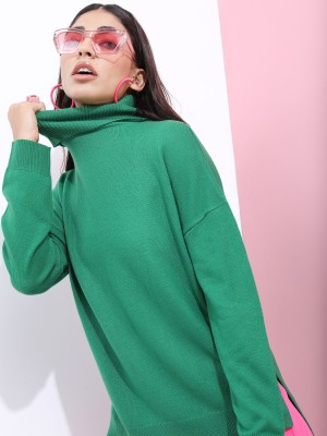 Tokyo Talkies Solid Turtle Neck Casual Women Green Sweater