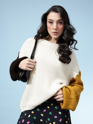 kasam Colorblock Round Neck Casual Women White Sweater