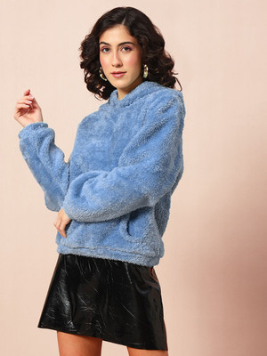 THE DRY STATE Solid Hooded Neck Casual Women Light Blue Sweater