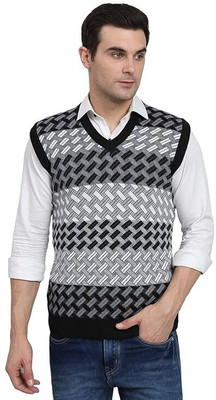 MUSKAN KNITWEAR Checkered V Neck Casual Men Black, Grey, White Sweater