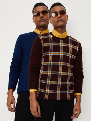 MAX Checkered Round Neck Casual Men Reversible Red Sweater