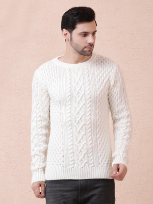 NOQUO Solid Round Neck Casual Men White Sweater