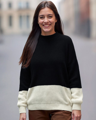 BEWAKOOF Colorblock Round Neck Casual Women Black, White Sweater