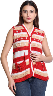 speed line hosiery Striped, Self Design V Neck Casual Women Red Sweater