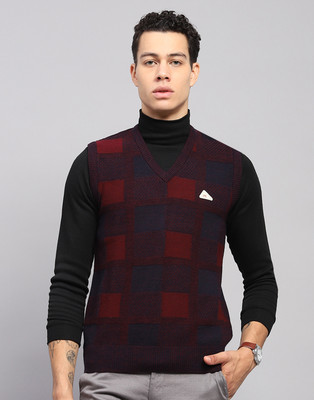 MONTE CARLO Checkered V Neck Casual Men Maroon Sweater