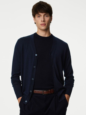 MARKS & SPENCER Solid V Neck Casual Men Blue Sweater