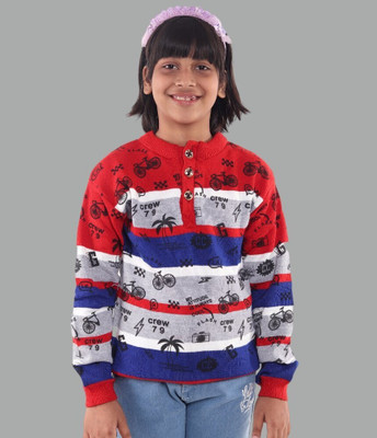 GTwo Woven, Printed Round Neck Casual Girls Red Sweater