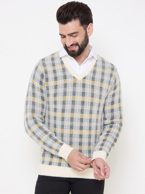 DUKE Checkered V Neck Casual Men White, Multicolor Sweater