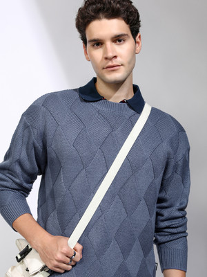 HIGHLANDER Self Design Round Neck Casual Men Blue Sweater