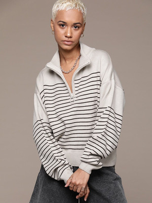 Roadster Striped Scoop Neck Party Women Beige Sweater