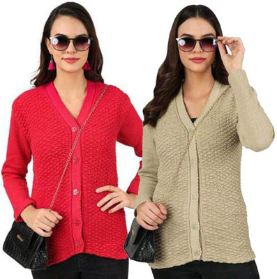 Shunit creation Self Design V Neck Lounge Wear Women Red, Beige Sweater